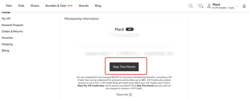 Knop om de maand over te slaan op de website